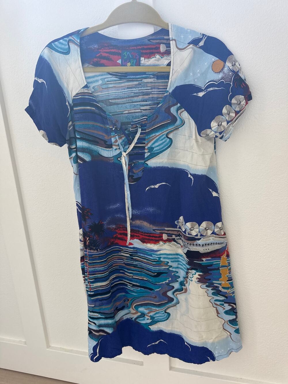 JAMS WORLD Vintage Tropical Midi Dress Blue White Large